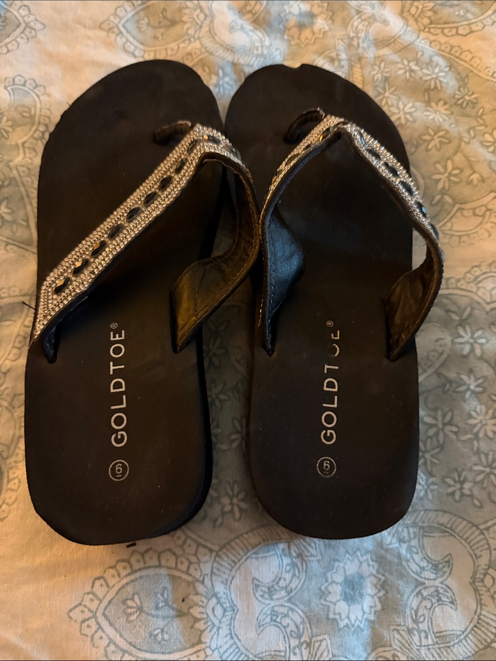 Gold Toe Black Flip Flop Sandals with Silver Rhinestone Straps